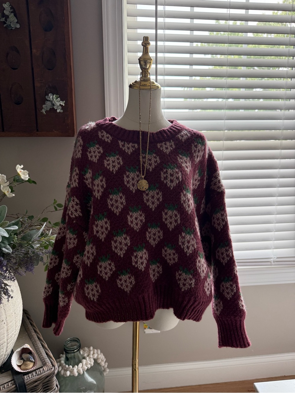 Women's Maroon Crewneck Sweater with strawberry Pattern